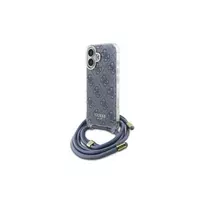 Guess GUHCP16SHC4SEB iPhone 16 6,1 colio mėlynas kietas dėklas su kryžminiu dirželiu 4G raštas