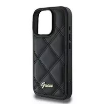 Guess GUHCP16LPSQSQSK Kietasis dėklas Apple iPhone 16 Pro 6,3 colio juodas su dygsniuotu raštu ir metaliniu logotipu