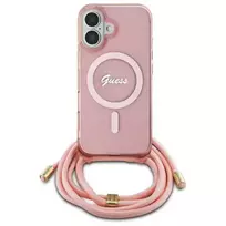 Guess GUHMP16SHCTSGNSP iPhone 16 6,1 colio rožinis kietas dėklas su kryžminiu dirželiu Script MagSafe