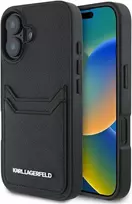 Karl Lagerfeld HC Grūdėtos odos PU dėklas su kortelių kišene ir metaliniu logotipu, skirtas iPhone 16, juodas