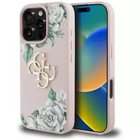 Guess Grained Roses Big 4G Logo Dėklas Apple iPhone 16 Pro, Rožinis
