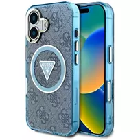 Guess IML Metal Glitter 4G Circle Triangle MagSafe Dėklas, skirtas iPhone 16 (Mėlyna)