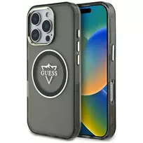 Guess IML Metal Mountain Logo apsauginis dėklas su MagSafe, skirtas iPhone 16 Pro (juodas)