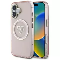 Guess IML Metal Mountain Logo MagSafe Dėklas, skirtas Apple iPhone 16 (Rožinis)