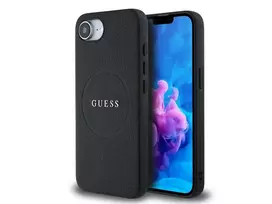 Guess Grained Ring MagSafe Dėklas, skirtas iPhone 16e (Juodas)