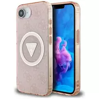 Guess IML Metal Glitter 4G Circle Triangle MagSafe Case, skirta Apple iPhone 16e (rožinė)