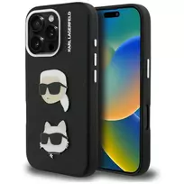 KARL LAGERFELD FW Grained Karl & Choupette Heads Pins Dėklas iPhone 16 Pro, Juodas