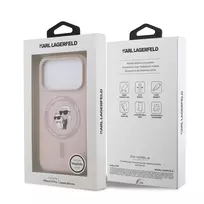 KARL LAGERFELD Silicone Case for Apple iPhone 17 Pro su MagSafe ir laikikliu žiedu, rožinė, Karl & Choupette kolekcija