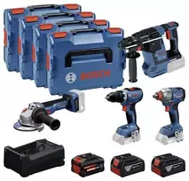 BOSCH POWERTOOLS Combo Kit 18V belaidis gręžtuvas-suktuvas, smūginis suktuvas, plaktukinis gręžtuvas, kampinis šlifuoklis (4 įrankių rinkinys)