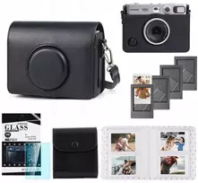 LOVEINSTANT 5-in-1 Kit: Case + Tempered Glass + 64-Pocket Album + Photo Pouch + Frames for Fuji Instax Mini Evo / Black