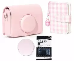 LOVEINSTANT 4-in-1 Kit Case Photo Album LCD Screen Protector Lens Cap for Fujifilm Instax Mini Evo - Pink