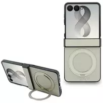 Guess Magnetic Ring Stand Grained Classic Logo MagSafe dėklas Samsung Galaxy Z Flip 8, smėlio spalvos
