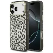 GUESS IML Leopard Glitter Triangle Logo MagSafe dėklas, skirtas iPhone 18 Pro Max / 17 Pro Max - juodas