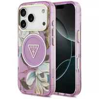 GUESS IML Glitter Flowers Triangle MagSafe dėklas, skirtas iPhone 18 Pro / 17 Pro - violetinė