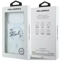 Karl Lagerfeld Liquid Glitter Karl Script Logo MagSafe dėklas, skirtas iPhone 17 Pro, permatomas