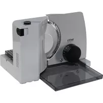 Ritter Compact 7 elektrinė maisto pjaustyklė su 65 W Eco varikliu, dantytu nerūdijančio plieno peiliu, 0-20 mm pjovimo storiu, sulankstomu dizainu, siurbtukais, juoda/sidabrinė