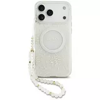 GUESS IML Flowers Allover elektropliruotas dėklas su perlų dirželiu MagSafe, skirtas iPhone 18 Pro Max / 17 Pro Max, baltas
