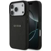 Guess Grained Gold Ring MagSafe dėklas, skirtas Apple iPhone 17 Pro / 18 Pro, juodas