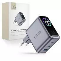 TECH-PROTECT PowerVision NC100W GaN 100W 3 prievadų USB-C PD ir USB-A QC3.0 sieninis įkroviklis - tamsiai pilka
