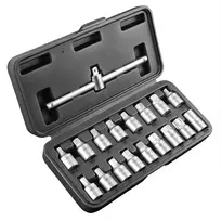 NEO TOOLS Alyvos išleidimo raktų rinkinys 3/8 colio pavara, 18 dalių, chromvanadis, kvadratiniai/šešiabriauniai/Torx/spline lizdai, dėkle su įdėklais