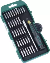 BRÜDER MANNESMANN Precision Mechanics 36 dalių atsuktuvų antgalių rinkinys, 4mm šešiakampis, plokštieji, Phillips, Torx, šešiakampiai, Pentalobe, Tri-Wing, spanner, kvadratiniai, Pozidriv, su 2 komponentų rankena 29890