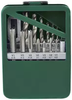 BRÜDER MANNESMANN 15 dalių sriegiklių ir sriegimo įrankių rinkinys M3-M12 metaliniame dėkle su permatomu langeliu M53215