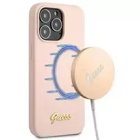 GUESS GUHMP13XLSLMGLP iPhone 13 Pro Max 6.7" light pink hardcase with Silicone Script Gold Logo and Magsafe