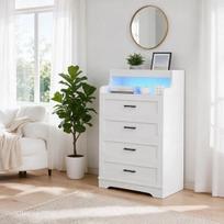 Komoda su 4 stalčiais, komoda su LED apšvietimu ir 2 atviromis lentynomis, apsauga nuo apvirtimo, 73 x 39.5 x 114 cm, balta