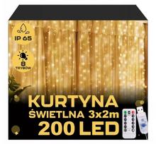 Kalėdinė LED užuolaida 3x2m 200 mikro lempučių USB su nuotolinio valdymo pulteliu ir kabliukais, šilta balta spalva