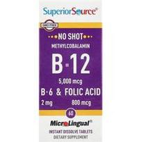Superior Source, Metilkobalaminas B-12, B-6 ir folio rūgštis, 60 „MicroLingual®“ greitai tirpstančių tablečių