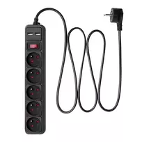 Akyga AK-SP-05U ilgintuvas su apsauga nuo viršįtampių, 5 CEE 7/5 (E tipo) lizdai, 2x USB-A, 1,8 m, juodas
