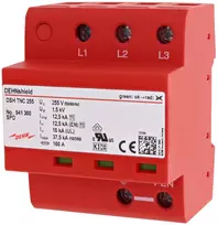 DEHN DSH TNC 255 4 polių 1+2 tipo kombinuotas viršįtampių iškroviklis TN-C sistemoms, 255 V AC, 25 kA (10/350 µs) vienam poliui, 100 kA bendras, DIN bėgeliui, raudonas