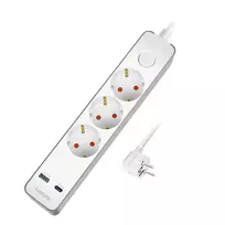 LogiLink LPS287U 3 lizdų ilgintuvas su USB-A ir USB-C PD 20W, mygtuku, 1,5m laidu, baltas