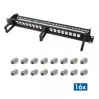 LOGILINK Modular 16 prievadų Cat.6A Keystone skydelis, 19/1U, su 3 kabelių žiedais, juodas