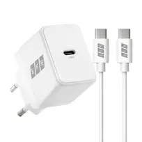 EFB Elektronik G201CE 20W USB-C GaN sieninis įkroviklis su 2m USB-C kabeliu, PD3.0 ir QC3.0, baltas