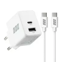 EFB Elektronik G301A1CE 30W GaN USB-C PD3.0 + USB-A QC3.0 sieninis įkroviklis su 2 m USB-C kabeliu, baltas