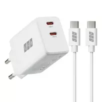 EFB Elektronik G452CE 45W dvigubas USB-C GaN sieninis įkroviklis su 2 m USB-C kabeliu, baltas