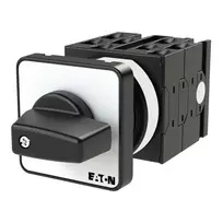 Eaton T0-4-8251/E 2 polių 3 padėčių ON-OFF-ON kumštelinis jungiklis, 20A, 690V, IP65 priekis, juoda rankenėlė, balta priekinė plokštė 013971