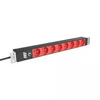 EFB ELEKTRONIK EK631CF.1V2 19 colių 1U stovo PDU, 8 x CEE 7/5 (E tipo) raudoni lizdai, IEC C14 įėjimas, 10A apsauga nuo perkrovos, juodas