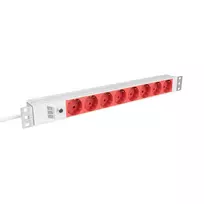 EFB Elektronik EK631CD.1GRV2 19 colių 1U stovo maitinimo paskirstymo blokas, 8x CEE 7/3 raudoni lizdai, IEC C14 įėjimas, 10A apsauga nuo perkrovos, pilkas