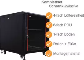 IT-BUDGET 19 colių serverinė spinta SRK komplektas 12U 600x1000 mm stiklinėmis/vientisomis durelėmis, 4 aktyvūs ventiliatoriai, PDU, lentynos, iš anksto surinkta, juoda 99ITB19SRK12610GSM