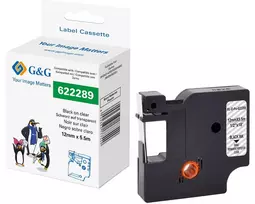 G&G poliesterio etikečių kasetė, permatoma su juodu spaudu, 12 mm x 5,5 m, skirta Dymo D1