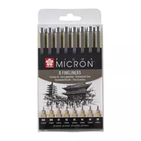 SAKURA Pigma Micron Fineliner rašiklių rinkinys, 8 dalių, juodas, įvairūs antgaliai nuo 0,15 mm iki teptuko POXSDK8