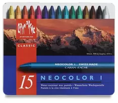 Caran d'Ache Neocolor I vaškinės pastelės, 15 spalvų rinkinys, apvalios, popieriniu įvyniojimu, metalinė dėžutė 7000.315