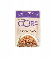 Brit Core Tender Cuts šlapia karma suaugusioms katėms su kalakutiena ir antiena padaže, 85 g, paketėlis, 8 vnt./DISPLAY