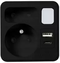 LTC Tinklo skirstytuvas su naktine lempute: 1 apvalus lizdas su įžeminimu + 1 plokščias lizdas + 1x USB + 1x USB-C 3A Juodas