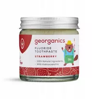 Georganics, natūrali dantų pasta stiklainėlyje, vaikams, su fluoru, kasdieninei priežiūrai, braškių skonio, 3+, 60 ml