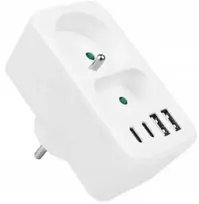 LTC Tinklo skirstytuvas: 1 apvalus lizdas su įž. + 1 plokščias lizdas + 2x USB + 2x USB-C, 3,1A, baltas