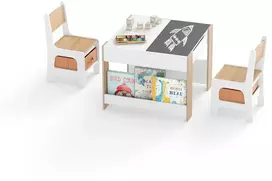 Vaikiškas stalas su 2 kėdėmis, apverčiamais stalviršiais, baltos ir natūralios spalvų, 61,5 × 61,5 × 48 cm