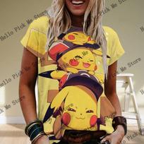 Nauji moteriški marškinėliai Pokémon Pikachu 3D spausdinti vasariniai su apvalia iškirpte trumpomis rankovėmis Kawaii moteriški marškinėliai viršūnės madingi drabužiai M yellow